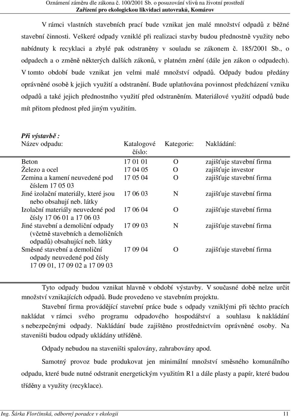 , o odpadech a o změně některých dalších zákonů, v platném znění (dále jen zákon o odpadech). V tomto období bude vznikat jen velmi malé množství odpadů.