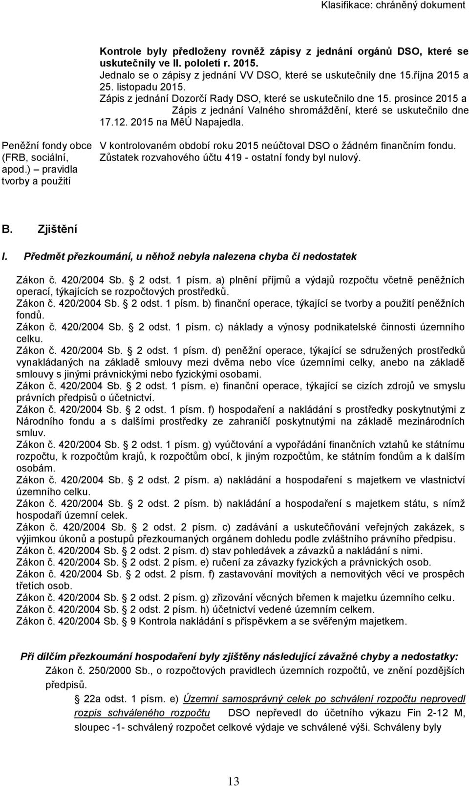 Peněžní fondy obce (FRB, sociální, apod.) pravidla tvorby a použití V kontrolovaném období roku 2015 neúčtoval DSO o žádném finančním fondu. Zůstatek rozvahového účtu 419 - ostatní fondy byl nulový.