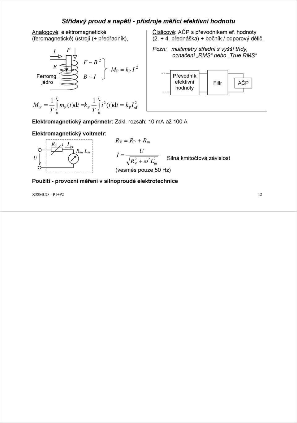 jádro B ~ I Převodník efektivní hodnoty Filtr AČP M T T P = mp ( t)dt kp T = T 0 0 2 i ( t) dt = k I Elektromagnetický ampérmetr: Zákl.