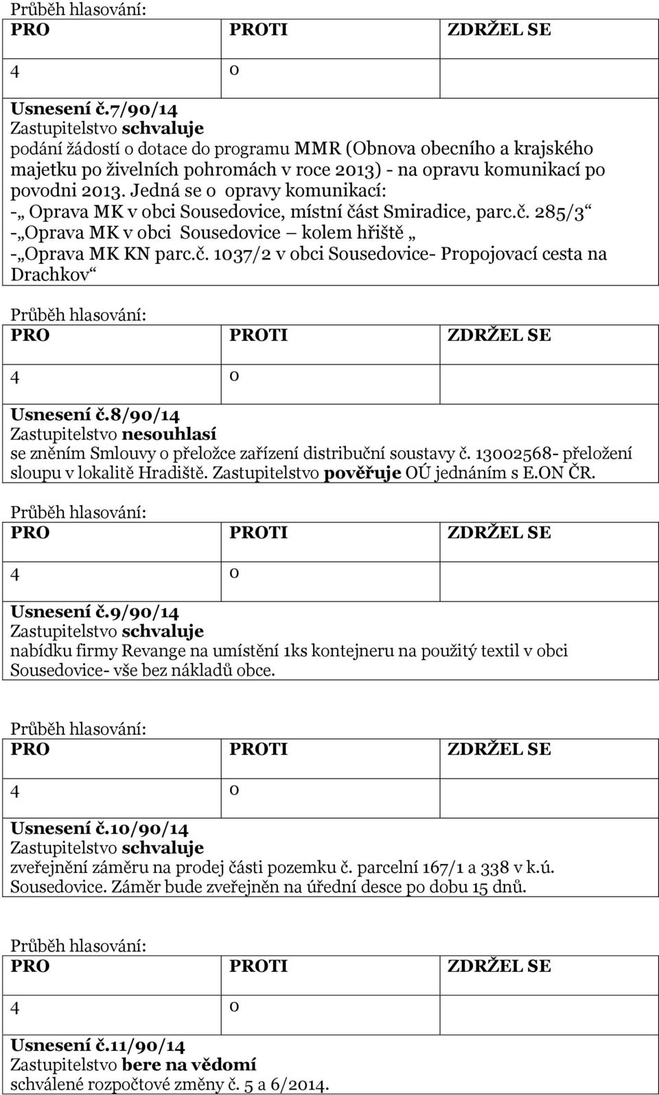 8/90/14 Zastupitelstvo nesouhlasí se zněním Smlouvy o přeložce zařízení distribuční soustavy č. 13002568- přeložení sloupu v lokalitě Hradiště. Zastupitelstvo pověřuje OÚ jednáním s E.ON ČR.