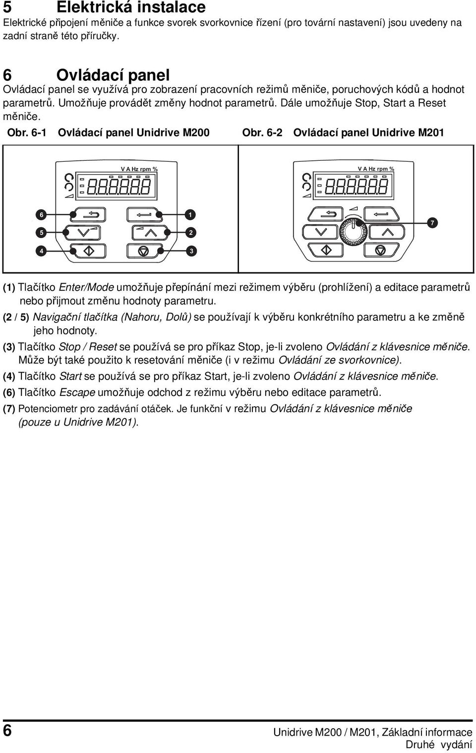 Dále umožňuje Stop, Start a Reset měniče. Obr. 6- Ovládací panel Unidrive M200 Obr.