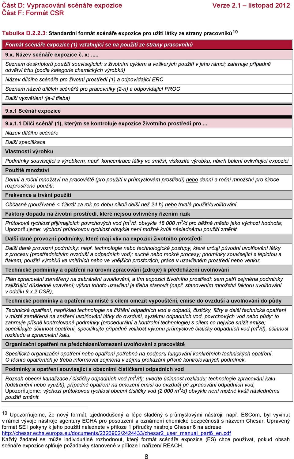 prostředí (1) a odpovídající ERC Seznam názvů dílčích scénářů pro pracovníky (2-n) a odpovídající PROC Další vysvětlení (je-li třeba) 9.x.1 Scénář expozice 9.x.1.1 Dílčí scénář (1), kterým se kontroluje expozice životního prostředí pro.