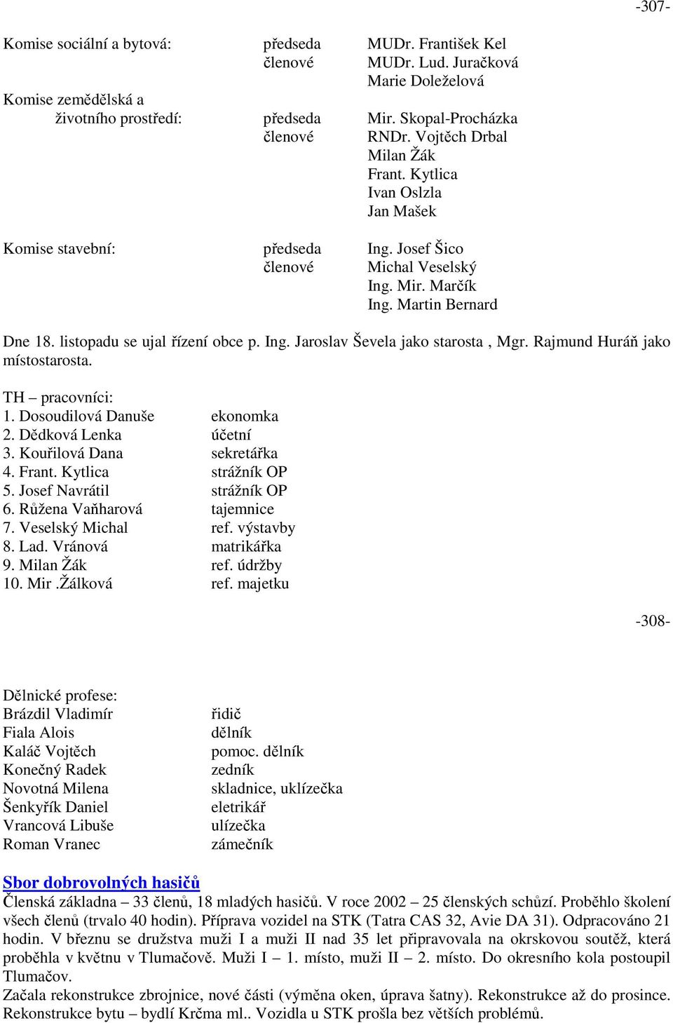 listopadu se ujal řízení obce p. Ing. Jaroslav Ševela jako starosta, Mgr. Rajmund Huráň jako místostarosta. TH pracovníci: 1. Dosoudilová Danuše ekonomka 2. Dědková Lenka účetní 3.