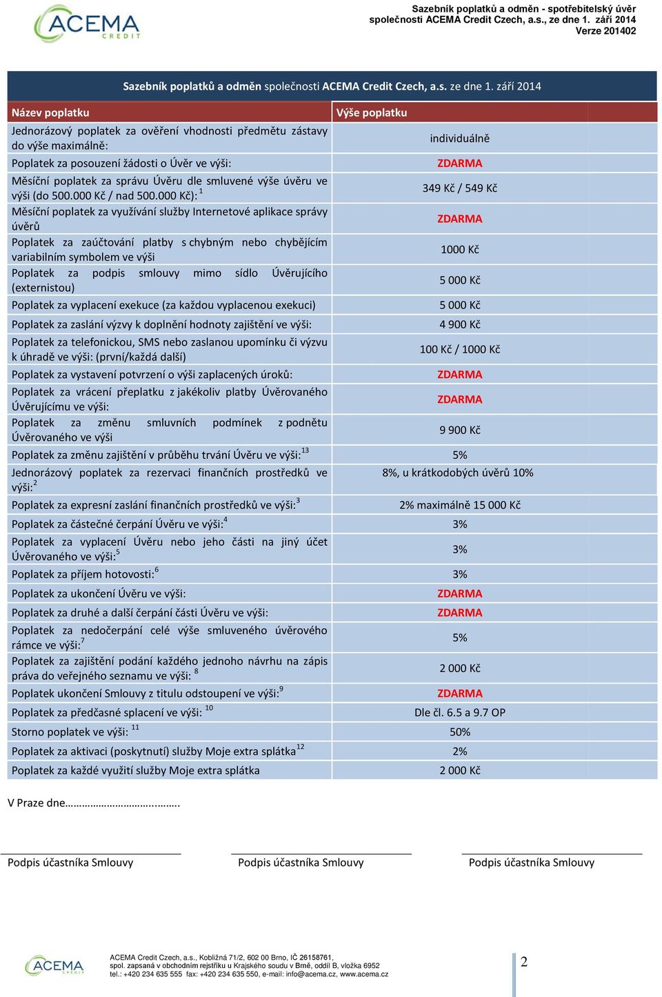 výši: ZDARMA Měsíční poplatek za správu Úvěru dle smluvené výše úvěru ve výši (do 500.000 Kč / nad 500.