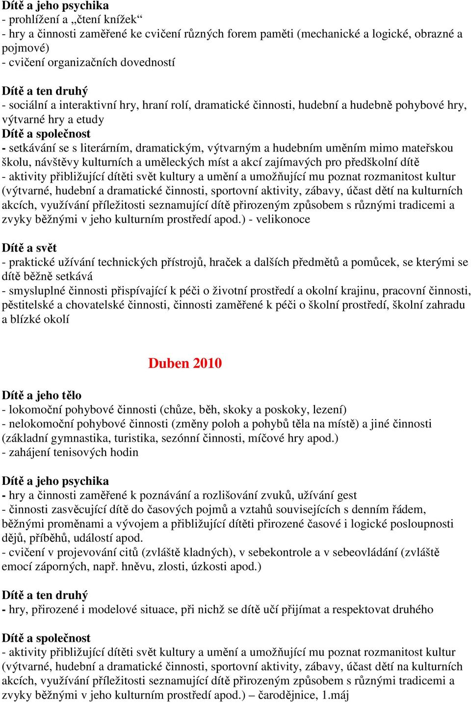 uměleckých míst a akcí zajímavých pro předškolní dítě - aktivity přibližující dítěti svět kultury a umění a umožňující mu poznat rozmanitost kultur (výtvarné, hudební a dramatické činnosti, sportovní