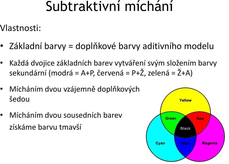 sekundární (modrá = A+P, červená = P+Ž, zelená = Ž+A) Mícháním dvou vzájemně