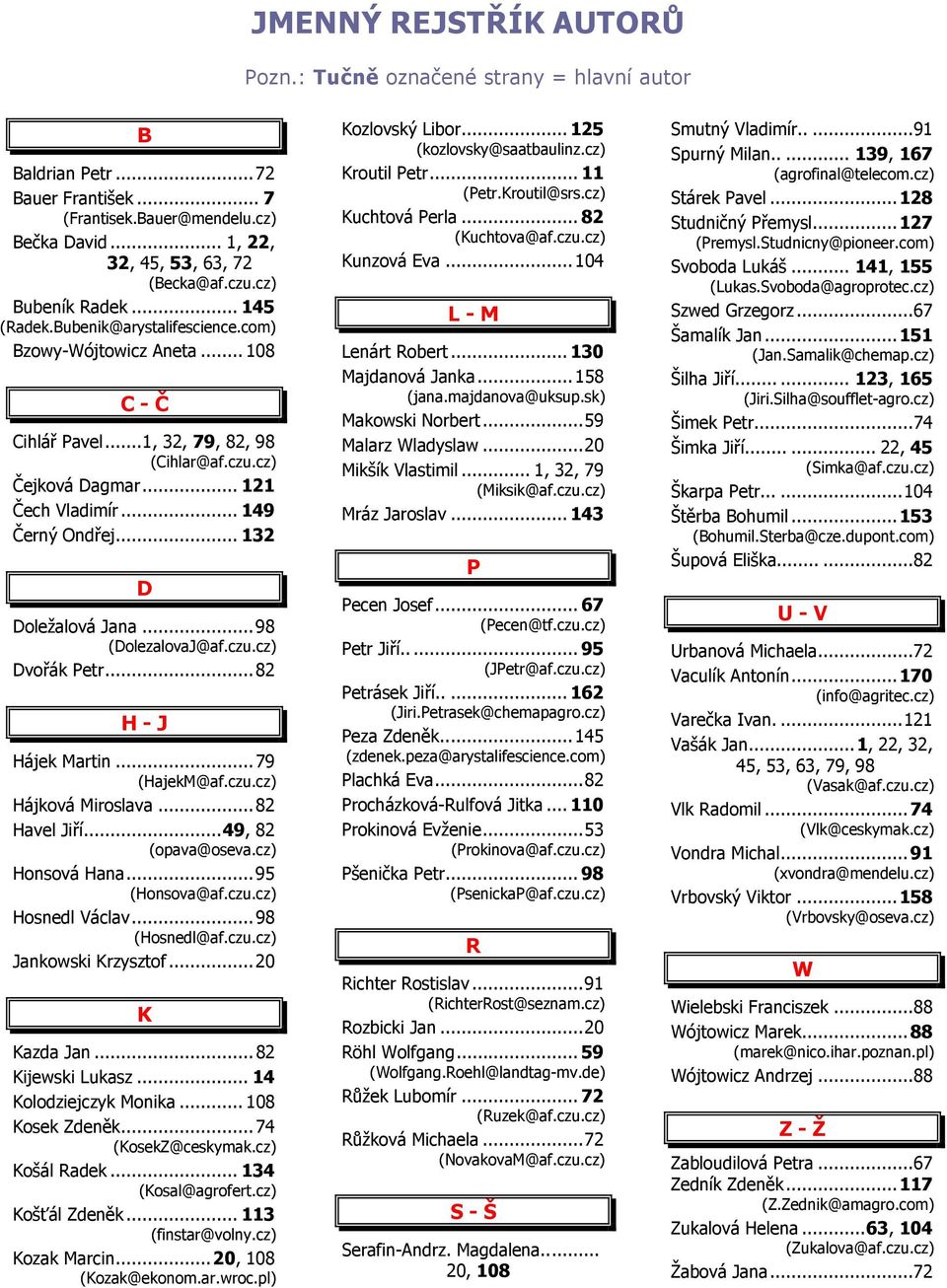 .. 149 Černý Ondřej... 132 D Doležalová Jana...98 (DolezalovaJ@af.czu.cz) Dvořák Petr...82 H - J Hájek Martin...79 (HajekM@af.czu.cz) Hájková Miroslava...82 Havel Jiří...49, 82 (opava@oseva.