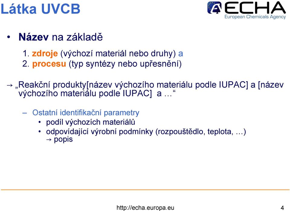 IUPAC] a [název výchozího materiálu podle IUPAC] a Ostatní identifikační parametry podíl