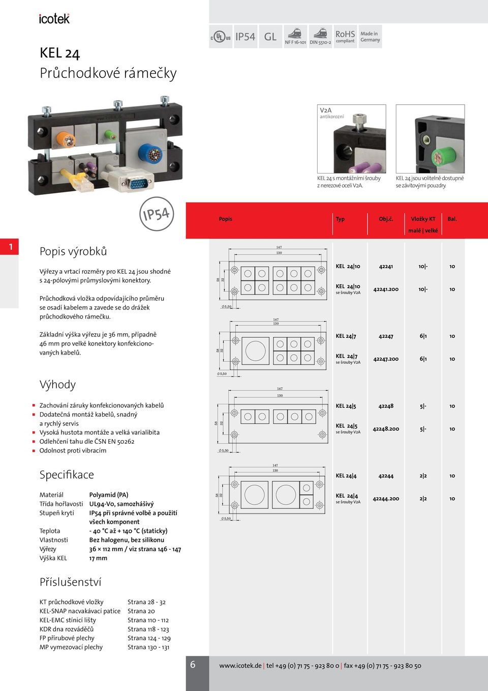 Průchodková vložka odpovídajícího průměru se osadí kabelem a zavede se do drážek průchodkového rámečku. 58 32 5,50 147 KEL 24 10 42241 10-10 KEL 24 10 se šrouby V2A 42241.