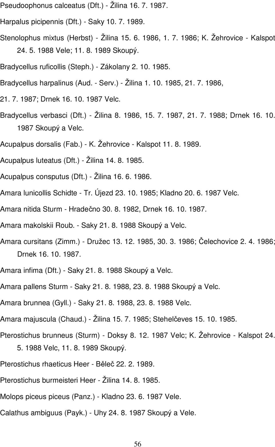Bradycellus verbasci (Dft.) - Žilina 8. 1986, 15. 7. 1987, 21. 7. 1988; Drnek 16. 10. 1987 Skoupý a Velc. Acupalpus dorsalis (Fab.) - K. Žehrovice - Kalspot 11. 8. 1989. Acupalpus luteatus (Dft.