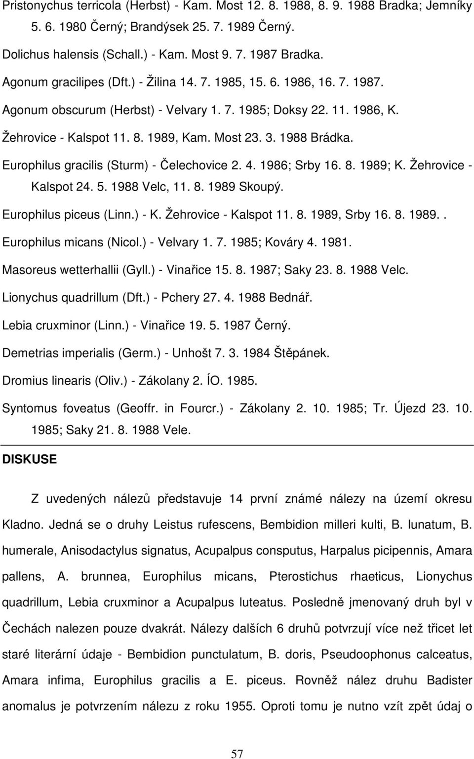 1988 Brádka. Europhilus gracilis (Sturm) - Čelechovice 2. 4. 1986; Srby 16. 8. 1989; K. Žehrovice - Kalspot 24. 5. 1988 Velc, 11. 8. 1989 Skoupý. Europhilus piceus (Linn.) - K. Žehrovice - Kalspot 11.