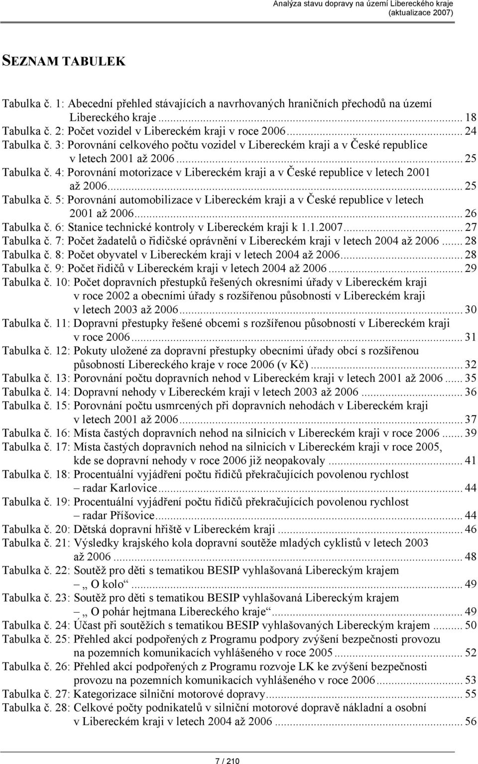 .. 25 Tabulka č. 5: Porovnání automobilizace v Libereckém kraji a v České republice v letech 2001 až 2006... 26 Tabulka č. 6: Stanice technické kontroly v Libereckém kraji k 1.1.2007... 27 Tabulka č.