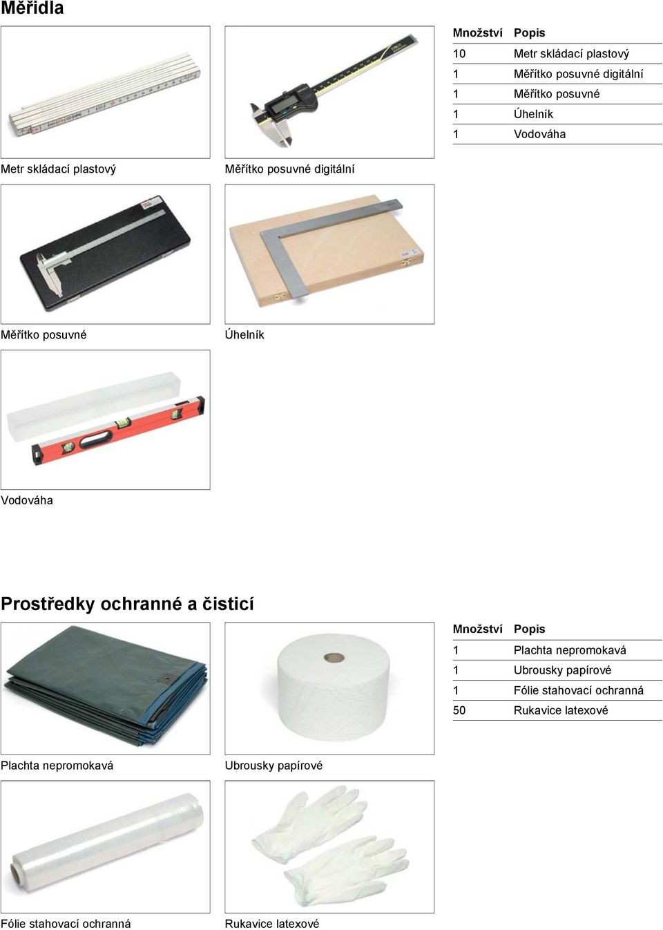 Prostředky ochranné a čisticí 1 Plachta nepromokavá 1 Ubrousky papírové 1 Fólie stahovací