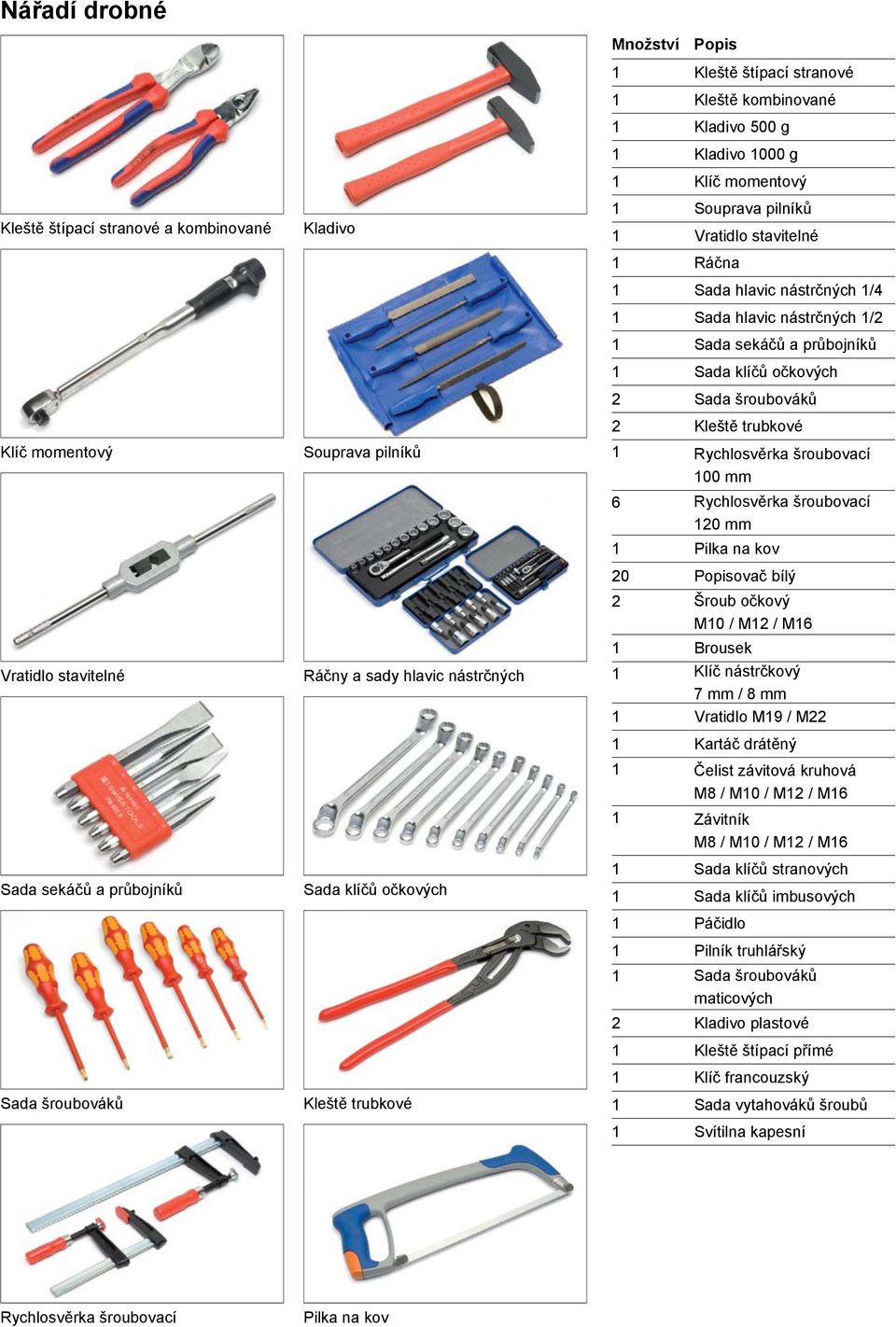 1 Sada hlavic nástrčných 1/2 1 Sada sekáčů a průbojníků 1 Sada klíčů očkových 2 Sada šroubováků 2 Kleště trubkové 1 Rychlosvěrka šroubovací 100 mm 6 Rychlosvěrka šroubovací 120 mm 1 Pilka na kov 20
