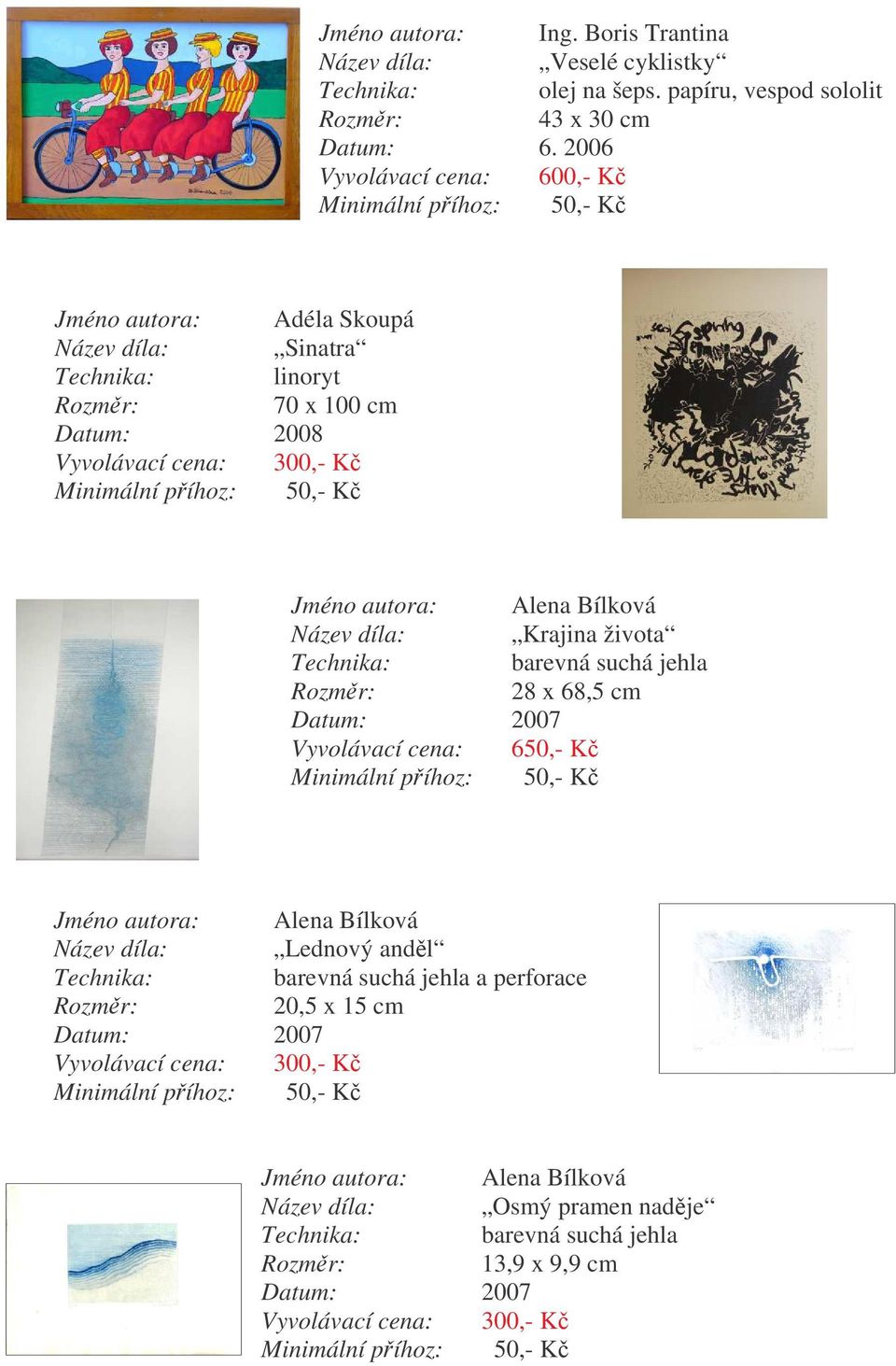Krajina života barevná suchá jehla 28 x 68,5 cm 2007 Vyvolávací cena: 650,- K Jméno autora: Alena Bílková Lednový andl