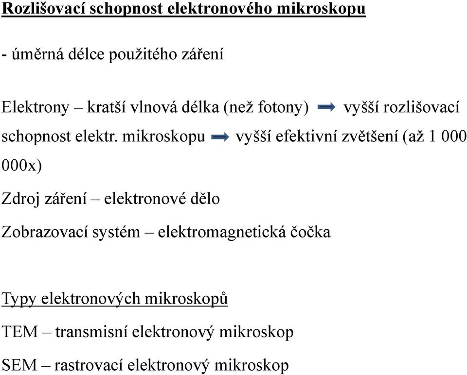 mikroskopu vyšší efektivní zvětšení (až 1 000 000x) Zdroj záření elektronové dělo Zobrazovací