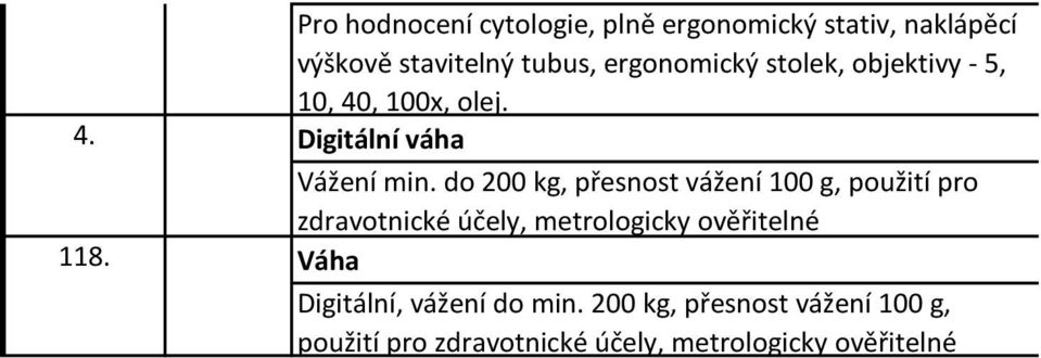 do 200 kg, přesnost vážení 100 g, použití pro zdravotnické účely, metrologicky ověřitelné 118.