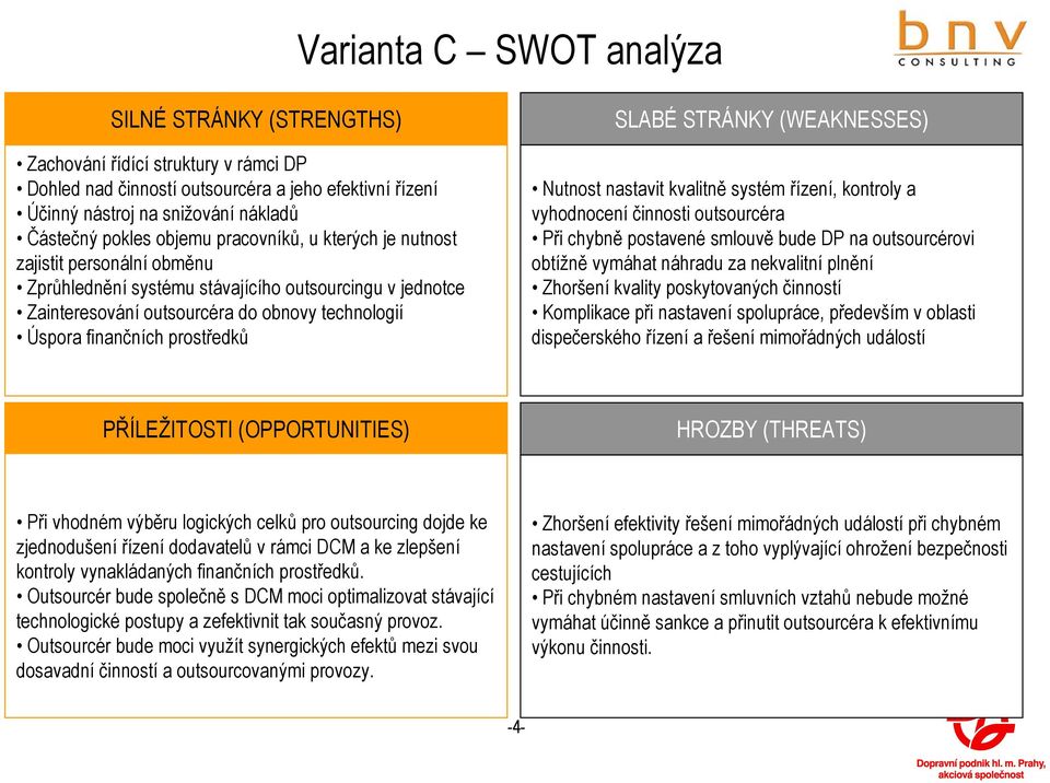 prostředků SLABÉ STRÁNKY (WEAKNESSES) Nutnost nastavit kvalitně systém řízení, kontroly a vyhodnocení činnosti outsourcéra Při chybně postavené smlouvě bude DP na outsourcérovi obtížně vymáhat
