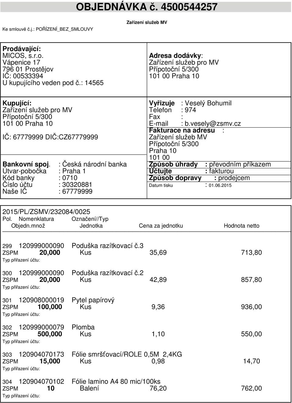 : Česká národní banka Útvar-pobočka : Praha 1 Kód banky : 0710 Číslo účtu : 30320881 Naše IČ : 67779999 Vyřizuje : Veselý Bohumil Telefon : 974 Fax : E-mail : b.vesely@zsmv.