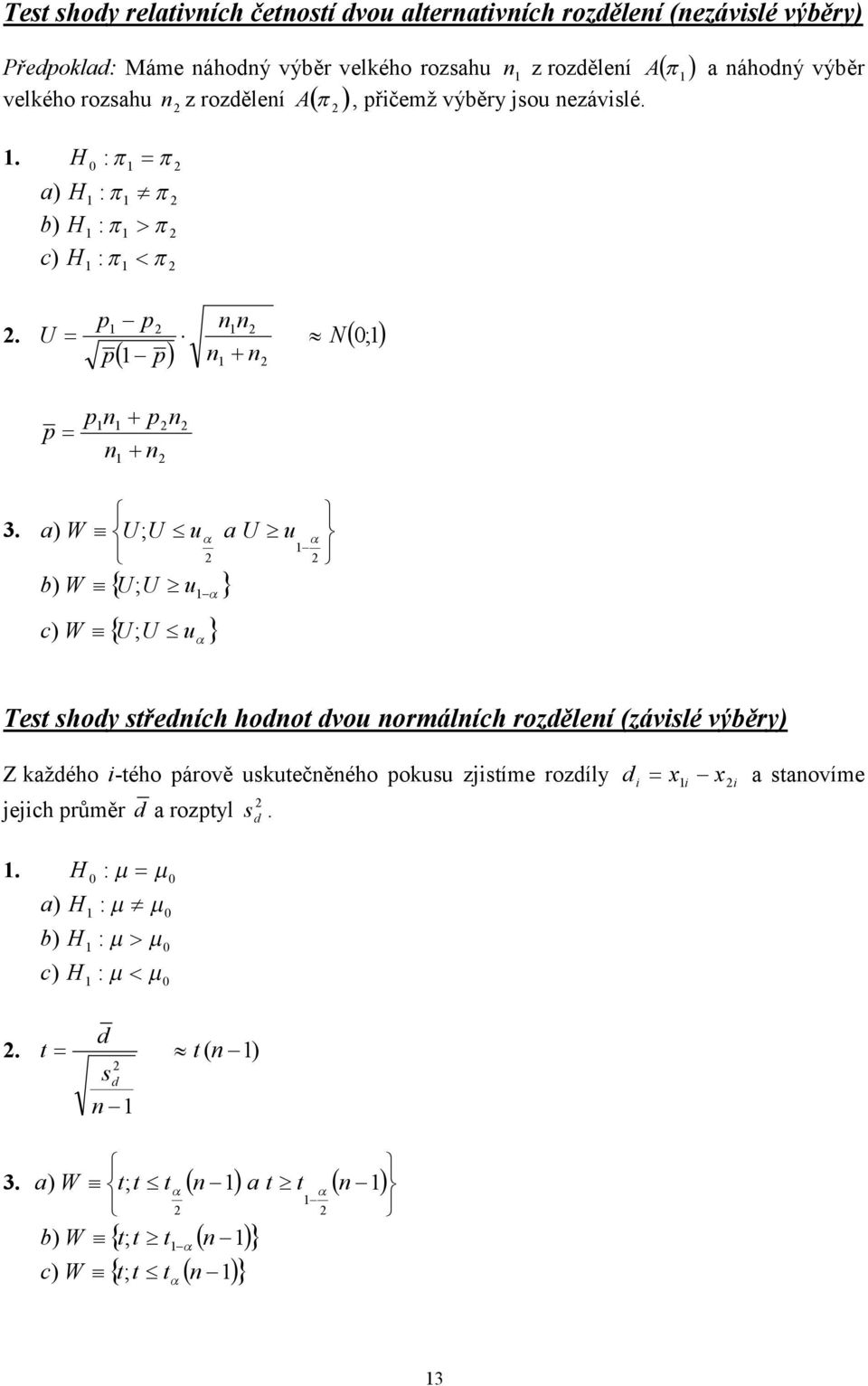a ) W U ; U u a U u b ) W U; U u c) W U ; U u Tet hody tředích hodot dvou ormálích rozděleí (závlé výběry) Z každého -tého párově