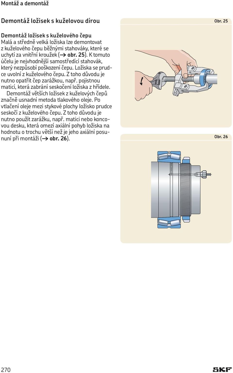 pojistnou maticí, která zabrání seskočení ložiska z hřídele. Demontáž větších ložisek z kuželových čepů značně usnadní metoda tlakového oleje.