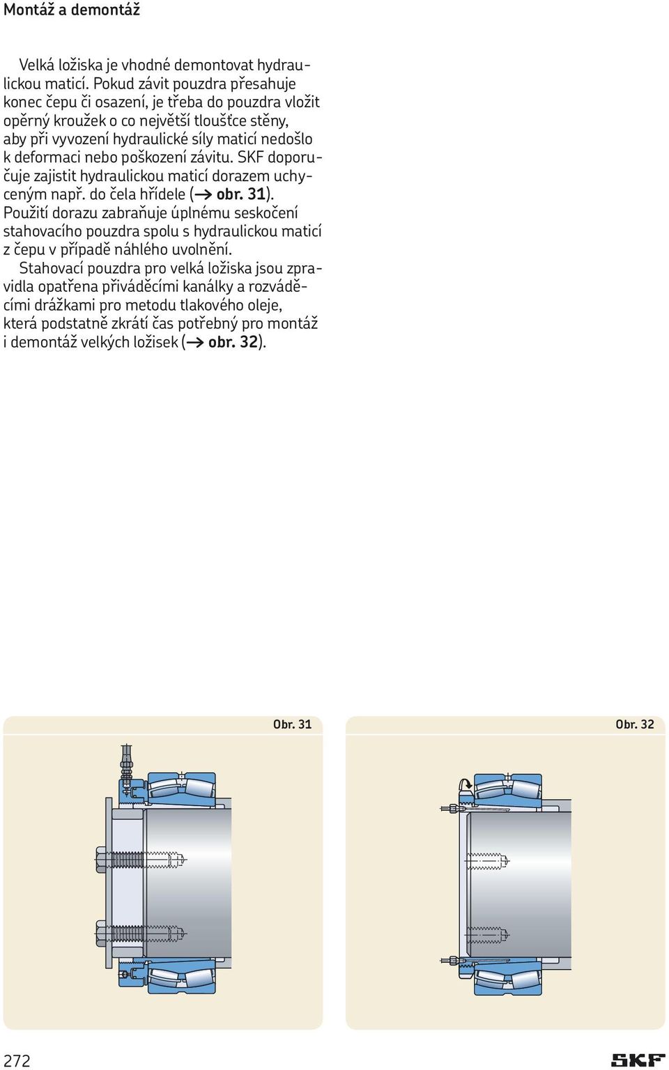 nebo poškození závitu. SKF doporučuje zajistit hydraulickou maticí dorazem uchyceným např. do čela hřídele ( obr. 31).