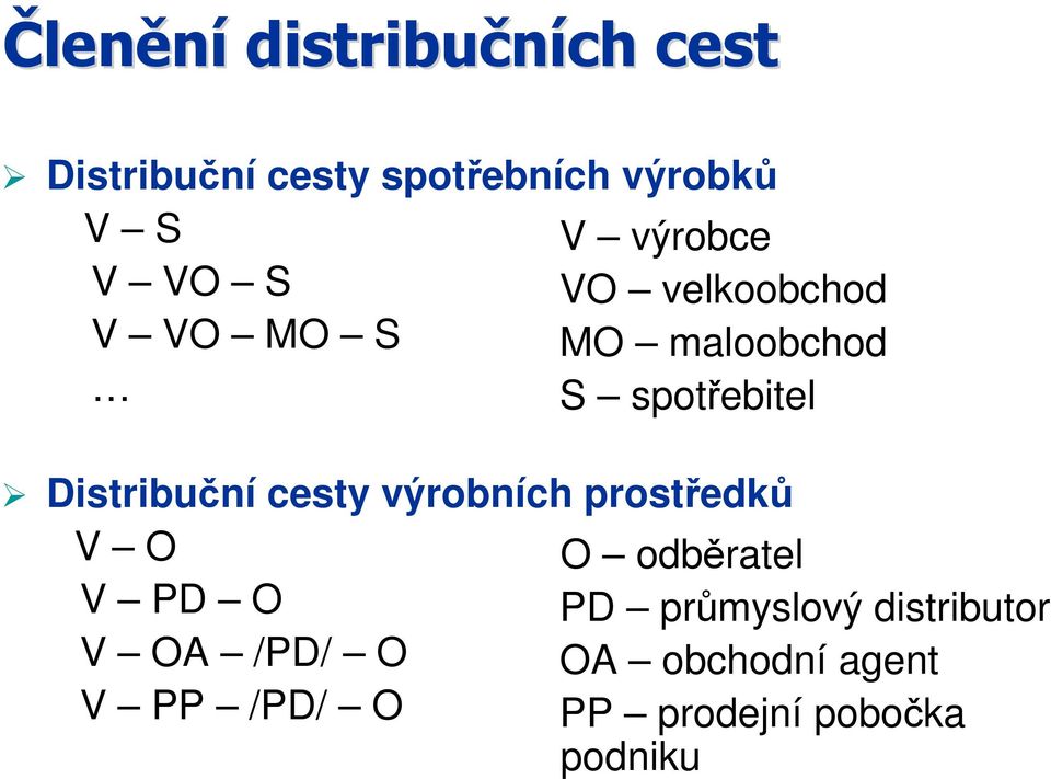 Distribuční cesty výrobních prostředků V O O odběratel V PD O PD