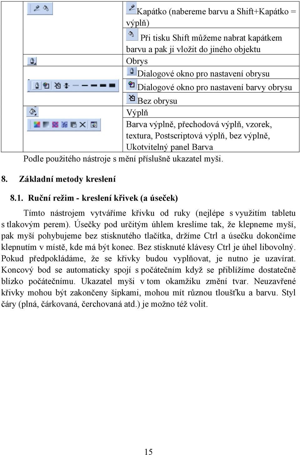 Základní metody kreslení 8.1. Ruční režim - kreslení křivek (a úseček) Tímto nástrojem vytváříme křivku od ruky (nejlépe s využitím tabletu s tlakovým perem).