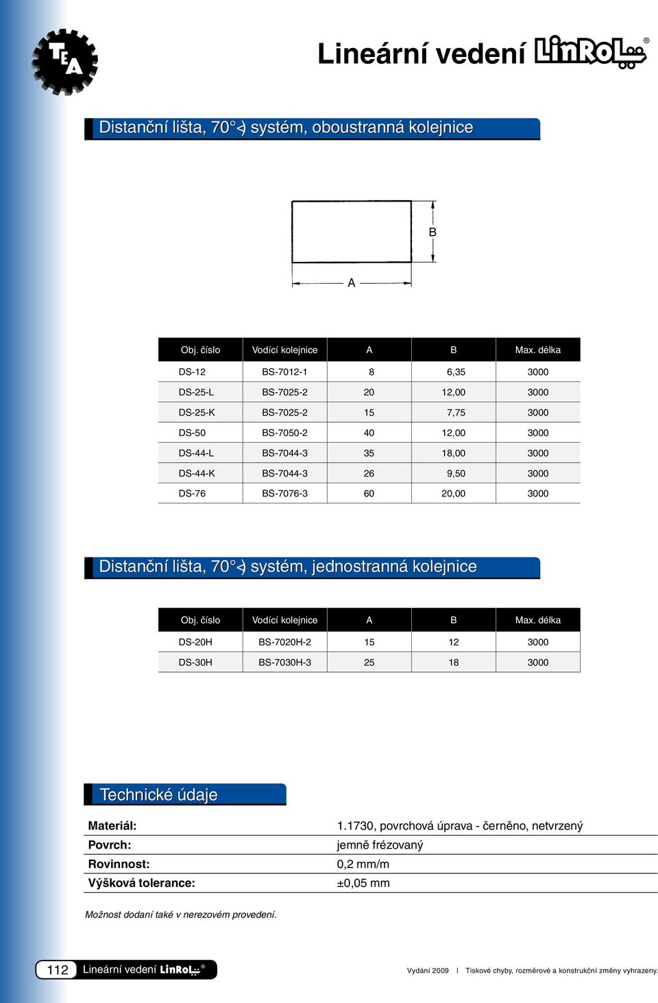9,50 3000 DS-76 BS-7076-3 60 20,00 3000 Distanční lišta, 70 <) systém, jednostranná kolejnice Obj. číslo Vodící kolejnice A B Max.