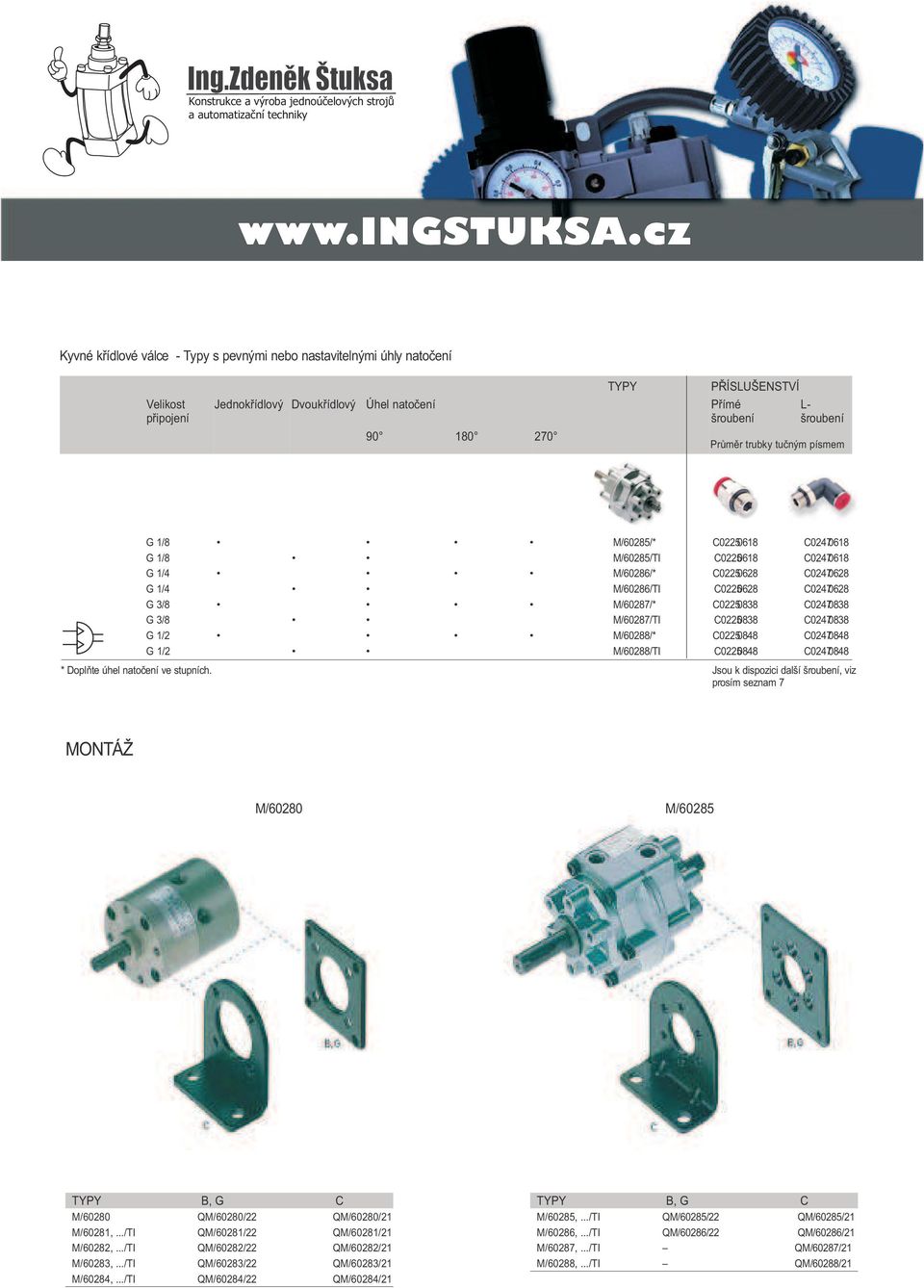 M/60/TI C00 C00 * Doplňte úhel natočení ve stupních. Jsou k dispozici další šroubení, viz prosím seznam MONTÁŽ M/600 M/60 TYPY B, G C M/600 QM/600/ QM/600/ M/60,.