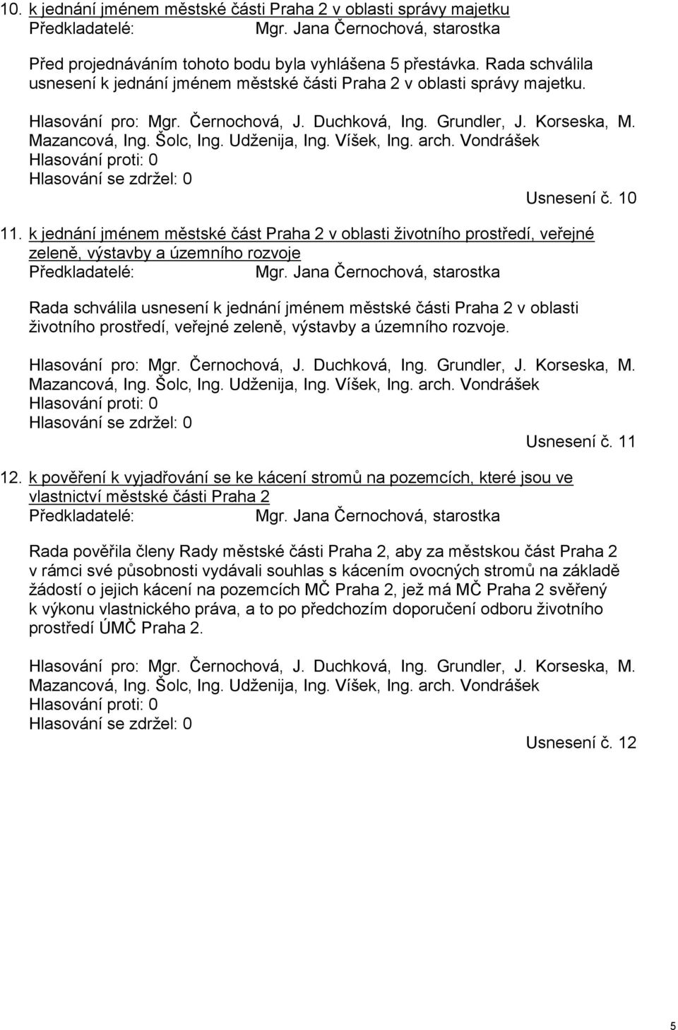Udženija, Ing. Víšek, Ing. arch. Vondrášek Hlasování proti: 0 Hlasování se zdržel: 0 Usnesení č. 10 11.