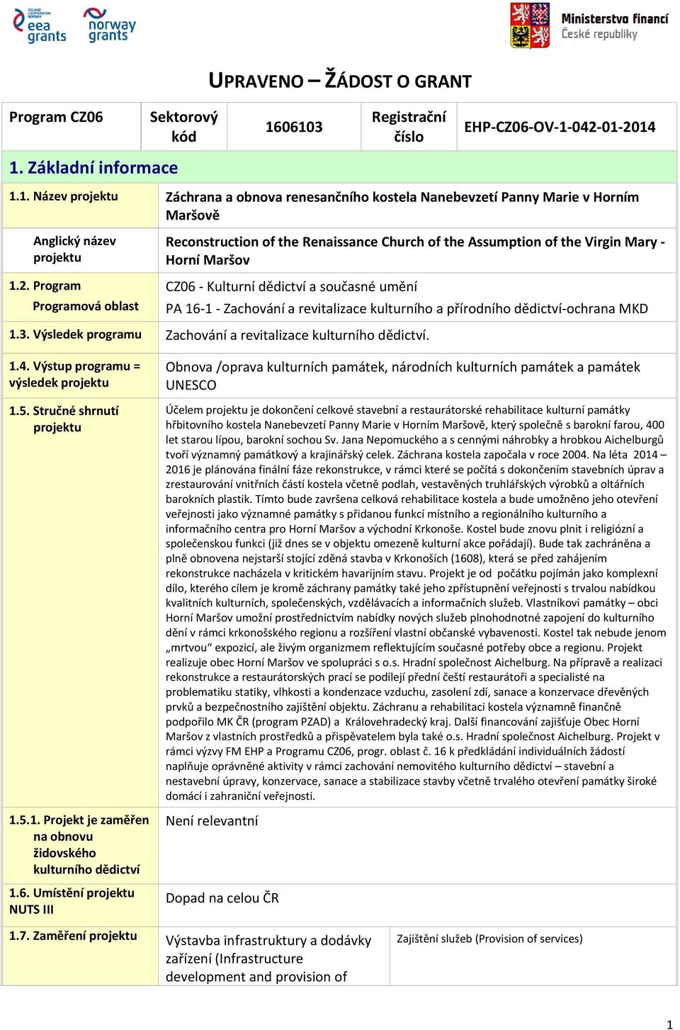 kulturního a přírodního dědictví-ochrana MKD 1.3. Výsledek programu Zachování a revitalizace kulturního dědictví. 1.4. Výstup programu = výsledek 1.5. Stručné shrnutí 1.5.1. Projekt je zaměřen na obnovu židovského kulturního dědictví 1.