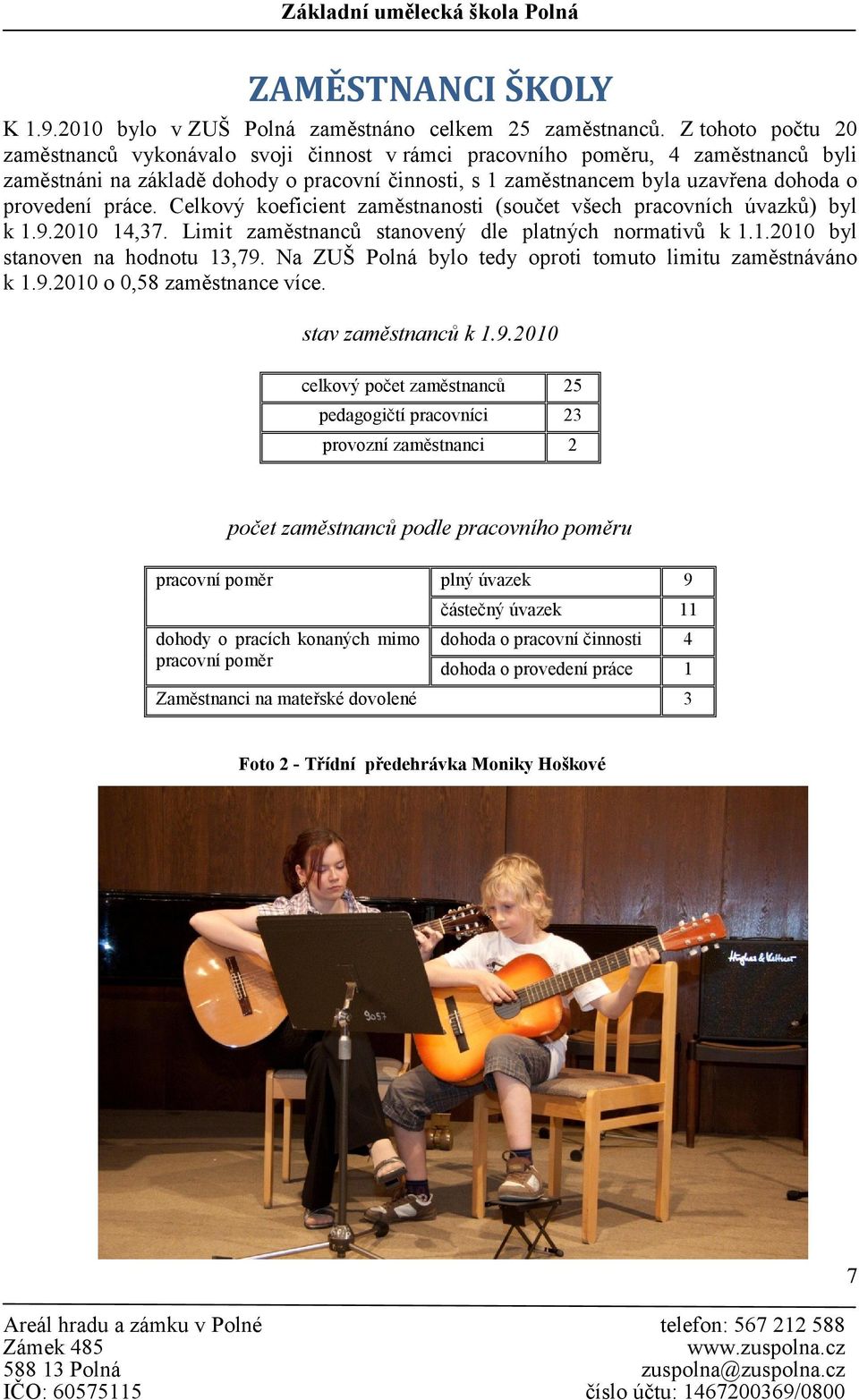 provedení práce. Celkový koeficient zaměstnanosti (součet všech pracovních úvazků) byl k 1.9.2010 14,37. Limit zaměstnanců stanovený dle platných normativů k 1.1.2010 byl stanoven na hodnotu 13,79.