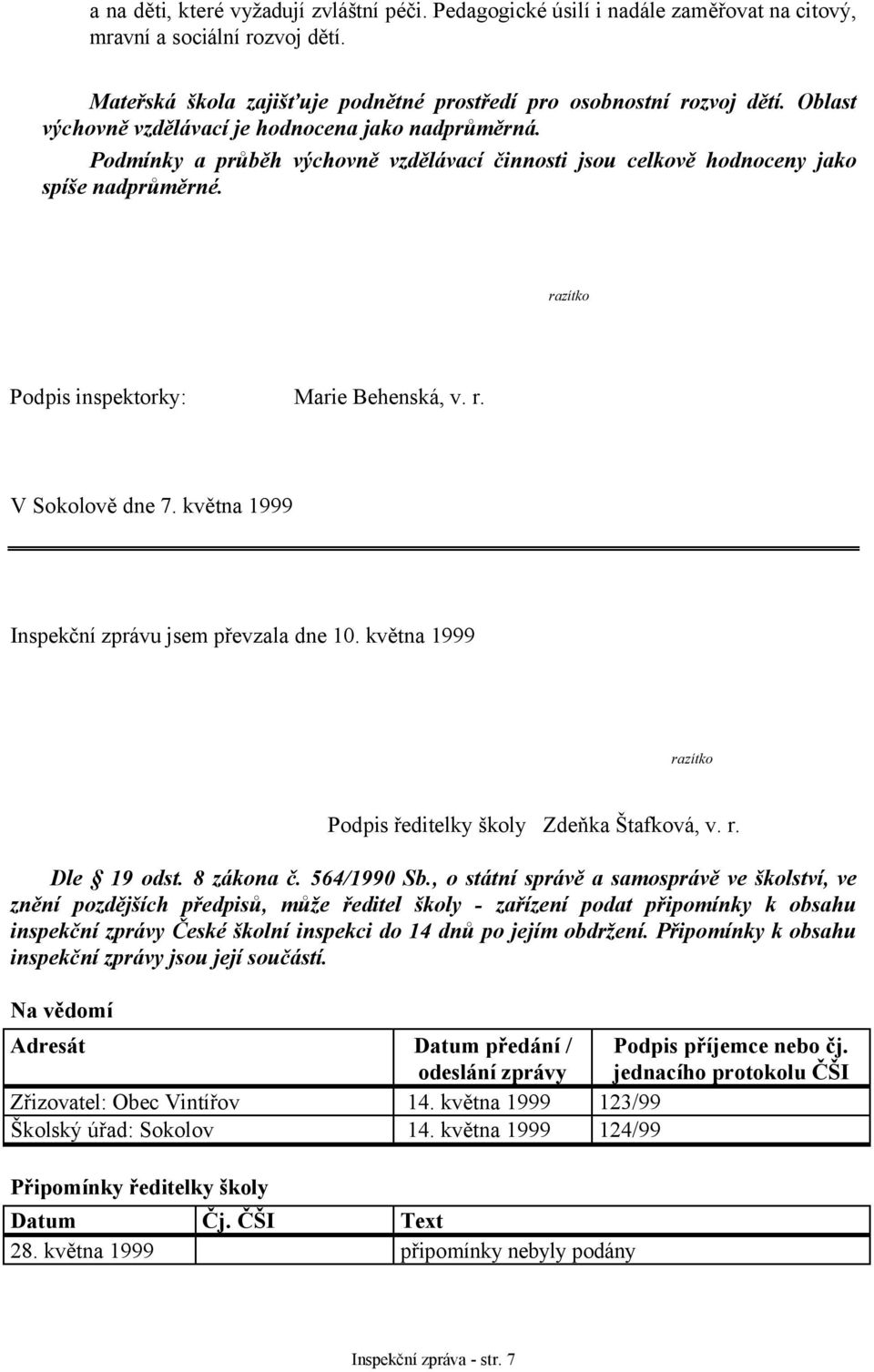 r. V Sokolově dne 7. května 1999 Inspekční zprávu jsem převzala dne 10. května 1999 razítko Podpis ředitelky školy Zdeňka Štafková, v. r. Dle 19 odst. 8 zákona č. 564/1990 Sb.