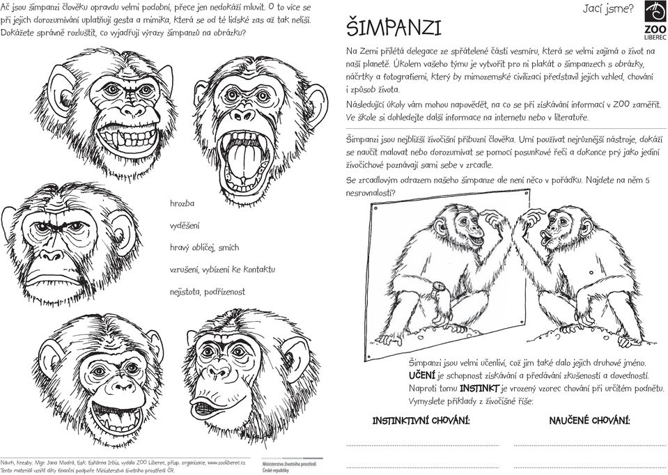 Úkolem vašeho týmu je vytvořit pro ni plakát o šimpanzech s obrázky, náčrtky a fotografiemi, který by mimozemské civilizaci představil jejich vzhled, chování i způsob života.