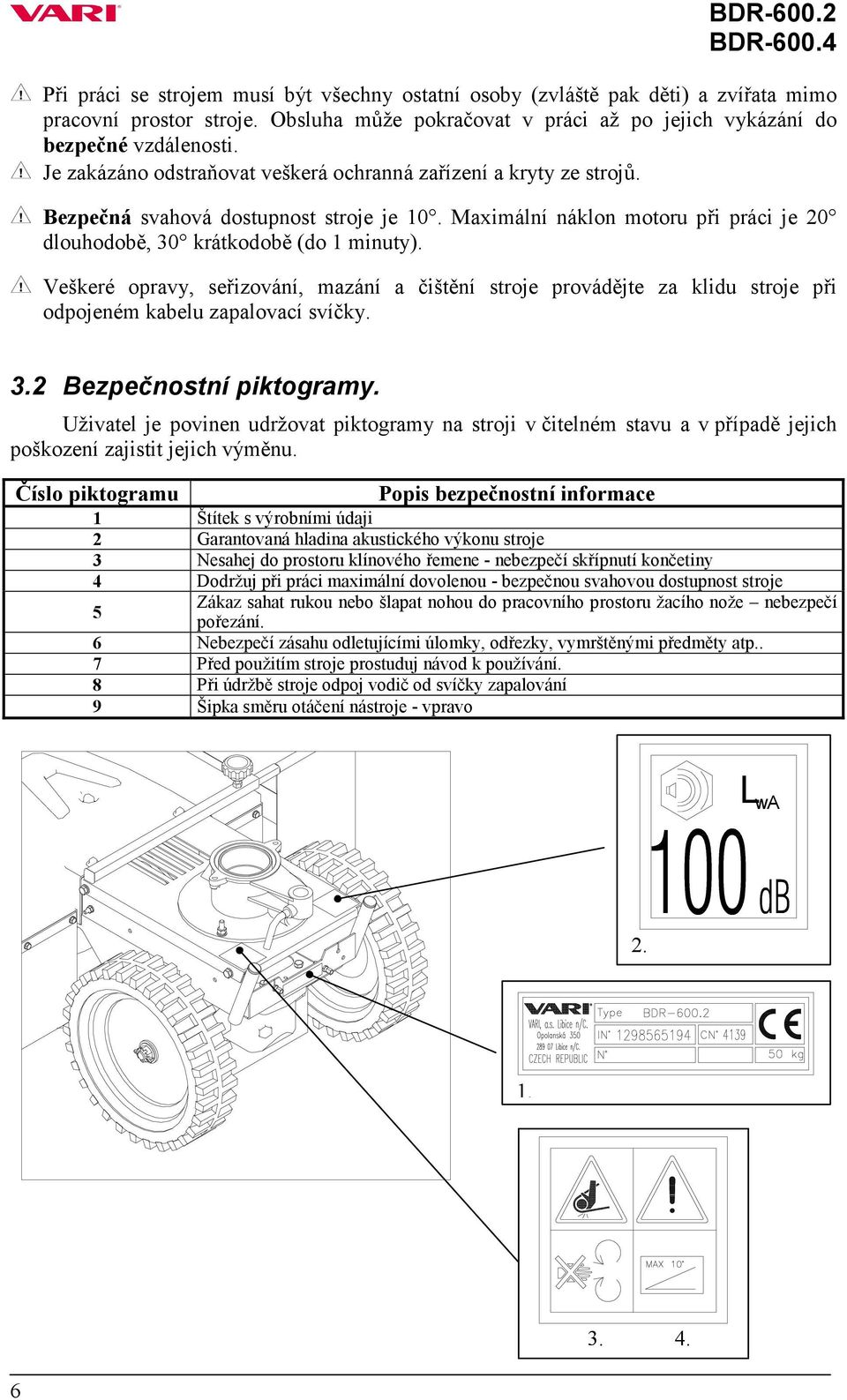 Veškeré opravy, seřizování, mazání a čištění stroje provádějte za klidu stroje při odpojeném kabelu zapalovací svíčky. 3.2 Bezpečnostní piktogramy.