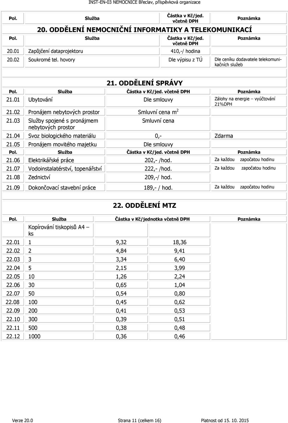 04 Svoz biologického materiálu 0,- Zdarma 21.05 Pronájem movitého majetku Dle smlouvy 21.06 Elektrikářské práce 202,- /hod. Za každou započatou hodinu 21.07 Vodoinstalatérství, topenářství 222,- /hod.