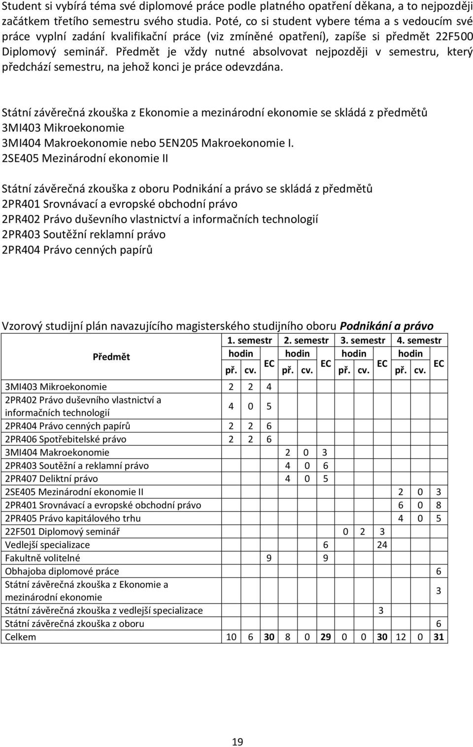 Předmět je vždy nutné absolvovat nejpozději v semestru, který předchází semestru, na jehož konci je práce odevzdána.