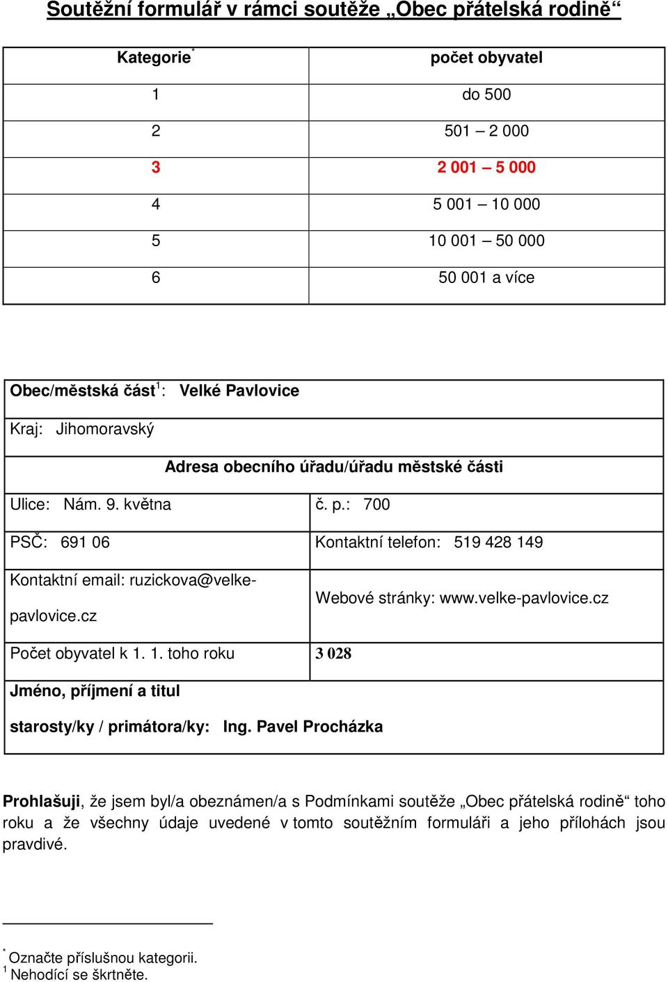 cz Webové stránky: www.velke-pavlovice.cz Počet obyvatel k 1. 1. toho roku 3 028 Jméno, příjmení a titul starosty/ky / primátora/ky: Ing.