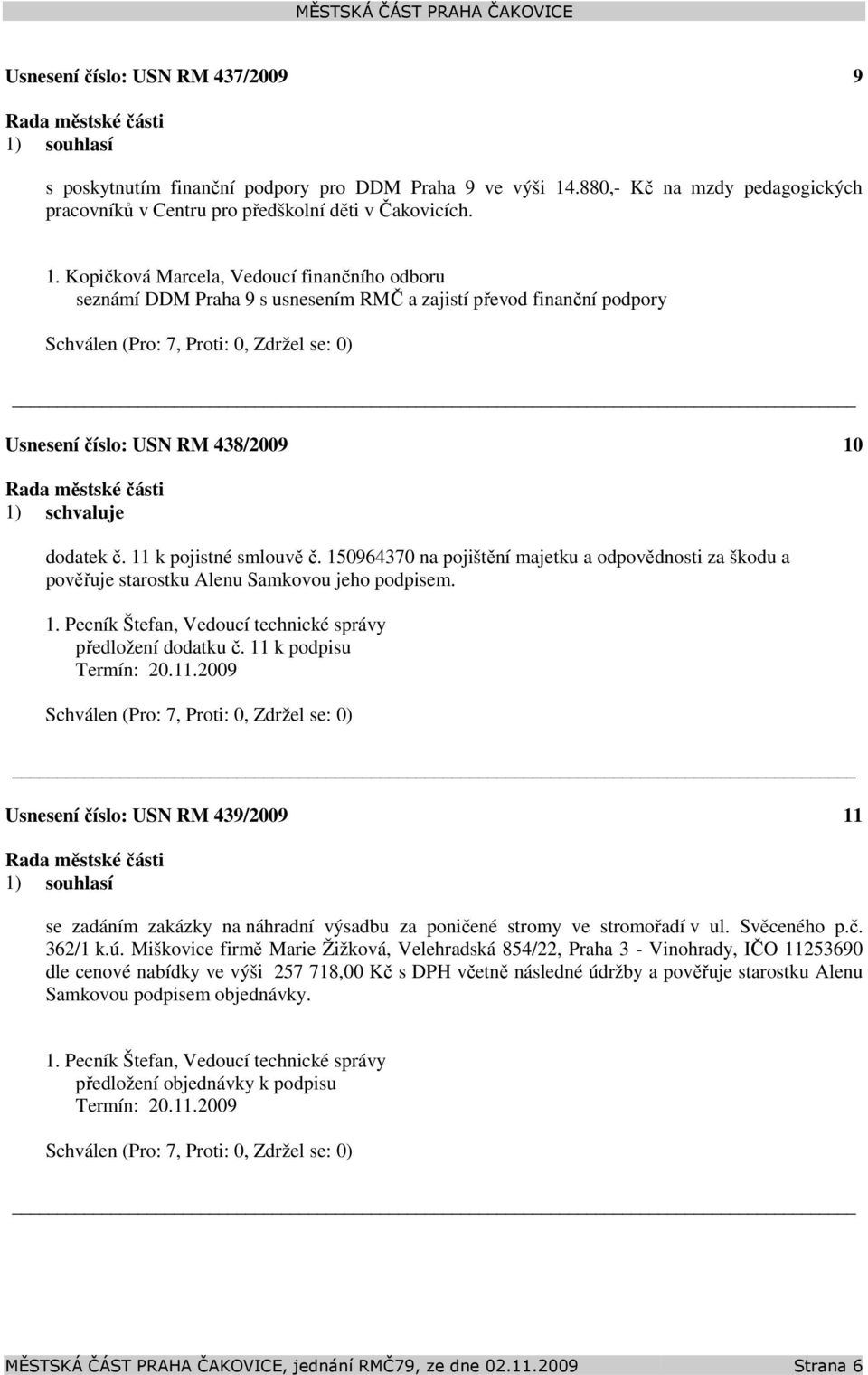 Kopičková Marcela, Vedoucí finančního odboru seznámí DDM Praha 9 s usnesením RMČ a zajistí převod finanční podpory Schválen (Pro: 7, Proti: 0, Zdržel se: 0) Usnesení číslo: 438/2009 10 dodatek č.