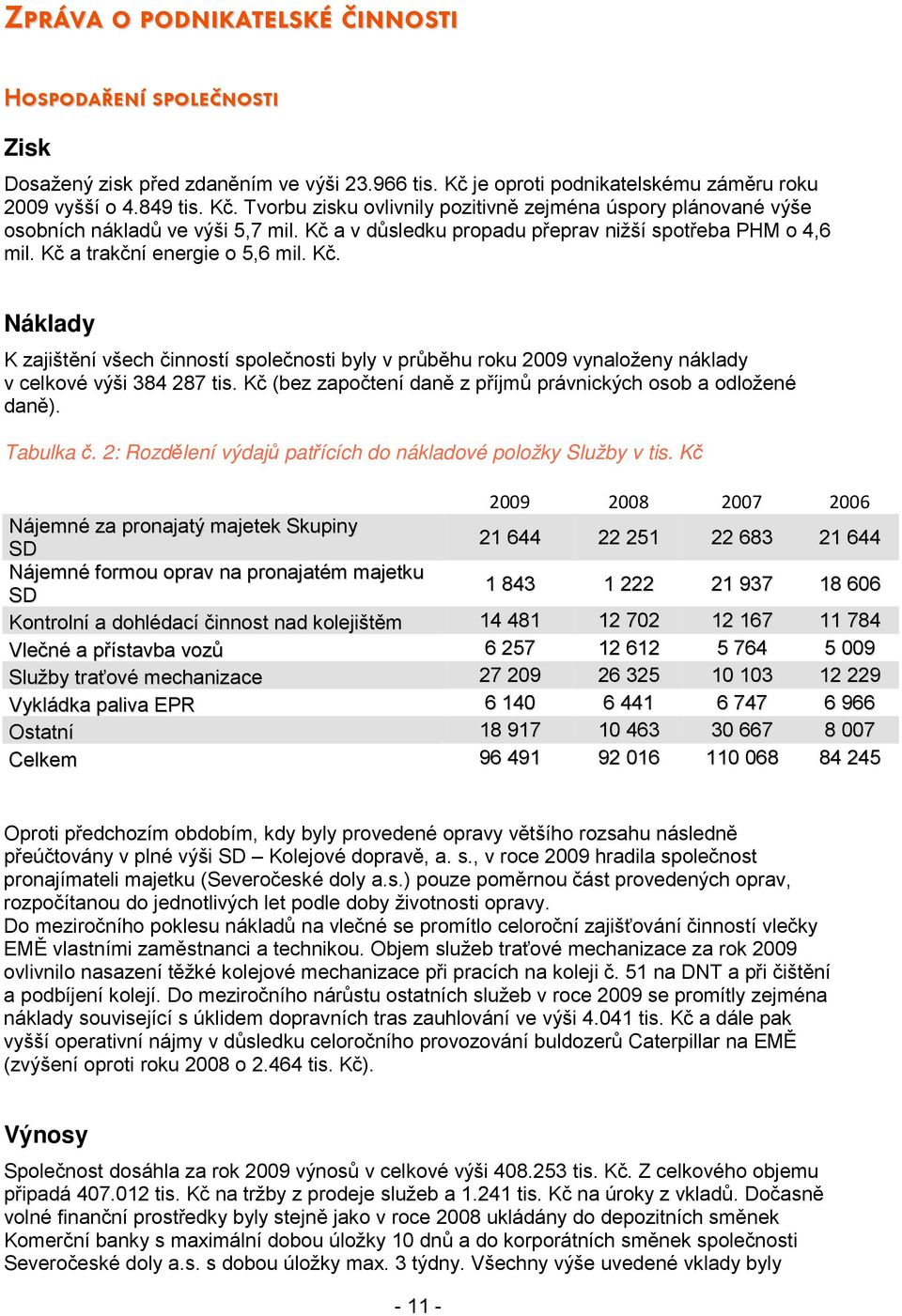 Kč a v důsledku propadu přeprav nižší spotřeba PHM o 4,6 mil. Kč a trakční energie o 5,6 mil. Kč. Náklady K zajištění všech činností společnosti byly v průběhu roku 2009 vynaloženy náklady v celkové výši 384 287 tis.