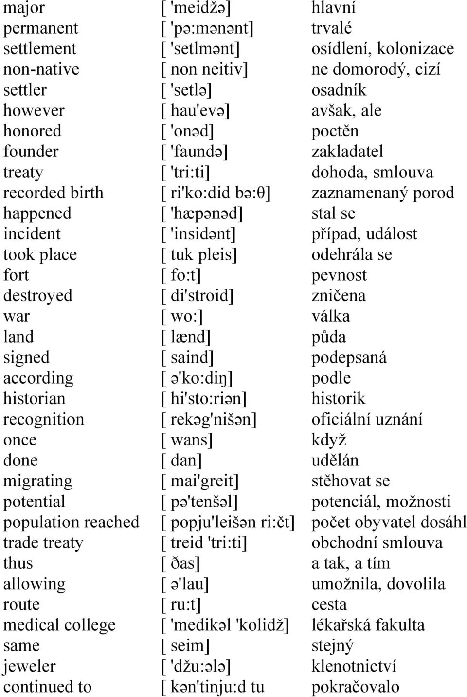 'faundə] [ 'tri:ti] [ ri'ko:did bə:θ] [ 'hæpənəd] [ 'insidənt] [ tuk pleis] [ fo:t] [ di'stroid] [ wo:] [ lænd] [ saind] [ ə'ko:diŋ] [ hi'sto:riən] [ rekəg'nišən] [ wans] [ dan] [ mai'greit] [