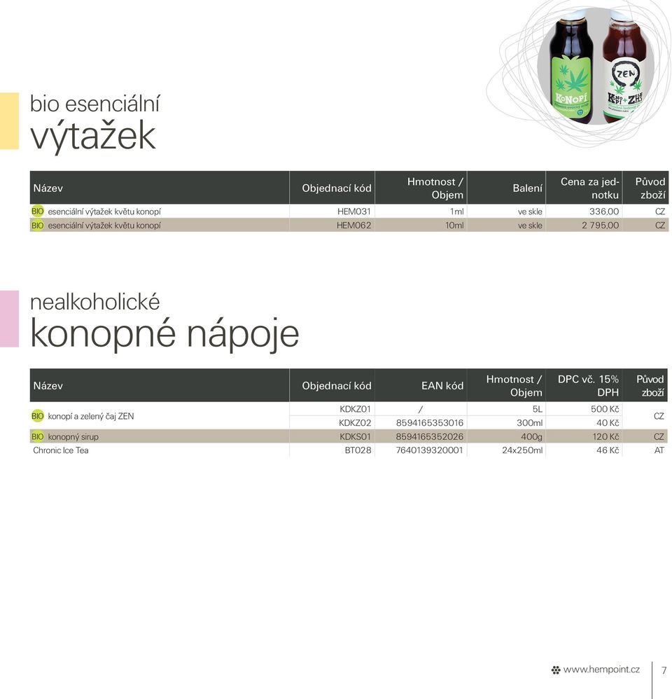 konopné nápoje konopí a zelený čaj ZEN KDKZ01 / 5L 500 Kč KDKZ02 8594165353016 300ml 40 Kč konopný