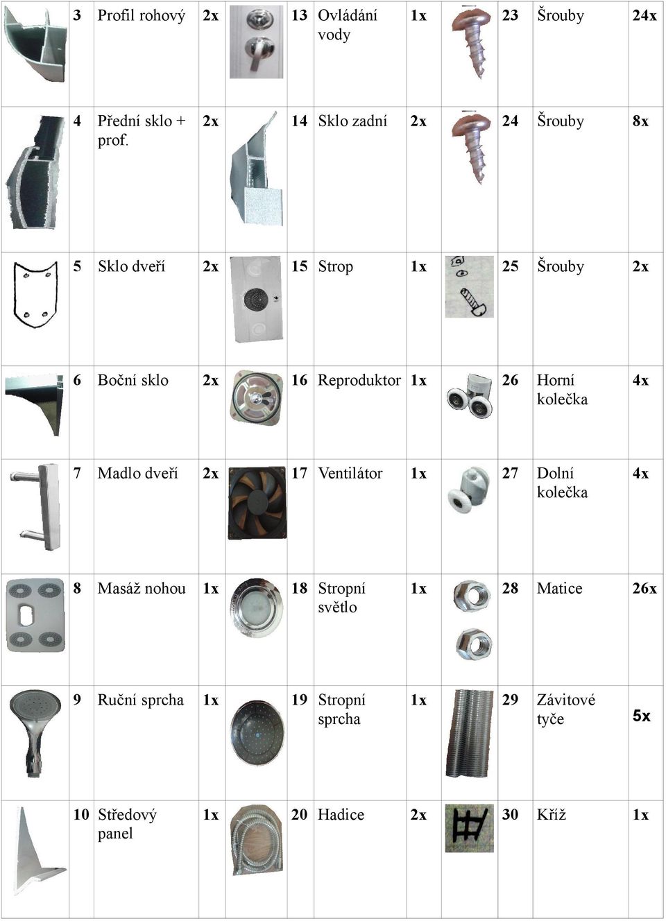 Horní kolečka 4x 7 Madlo dveří 17 Ventilátor 27 Dolní kolečka 4x 8 Masáž nohou 18 Stropní