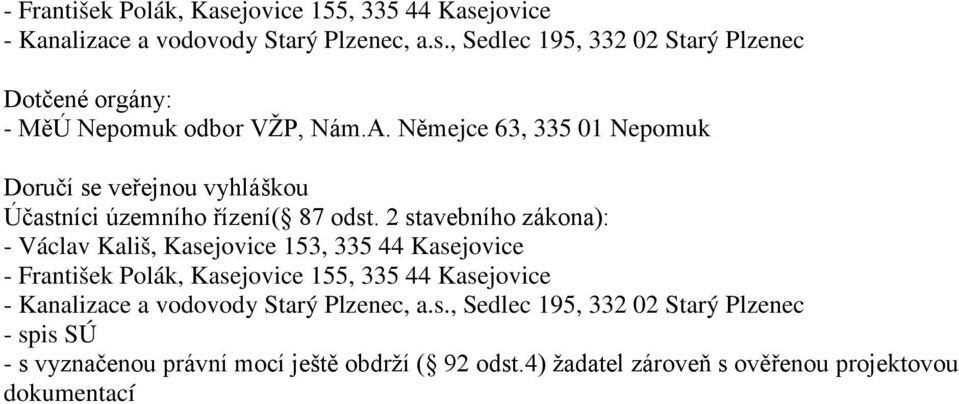 Němejce 63, 335 01 Nepomuk Doručí se veřejnou vyhláškou Účastníci územního řízení( 87 odst.