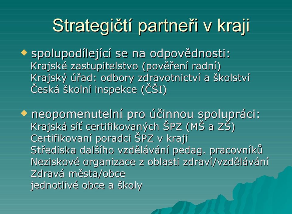 spolupráci: Krajská síť certifikovaných ŠPZ (MŠ a ZŠ) Certifikovaní poradci ŠPZ v kraji Střediska dalšího