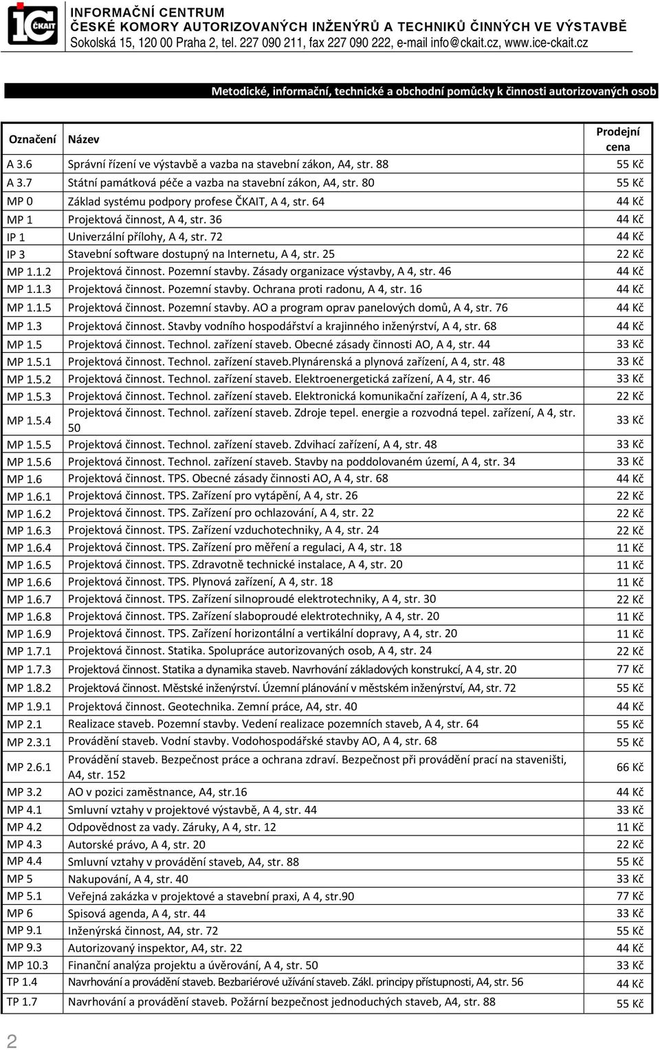 72 IP 3 Stavební software dostupný na Internetu, A 4, str. 25 22 Kč MP 1.1.2 Projektová činnost. Pozemní stavby. Zásady organizace výstavby, A 4, str. 46 MP 1.1.3 Projektová činnost. Pozemní stavby. Ochrana proti radonu, A 4, str.