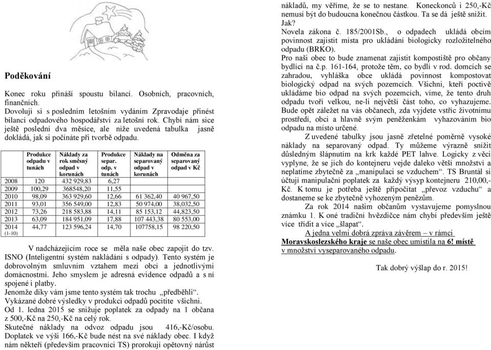 odp. v tunách Náklady na separovaný odpad v korunách Odměna za separovaný odpad v Kč 2008 120 432 929,83 6,27 2009 100,29 368548,20 11,55 2010 98,09 363 929,60 12,66 61 362,40 40 967,50 2011 93,01