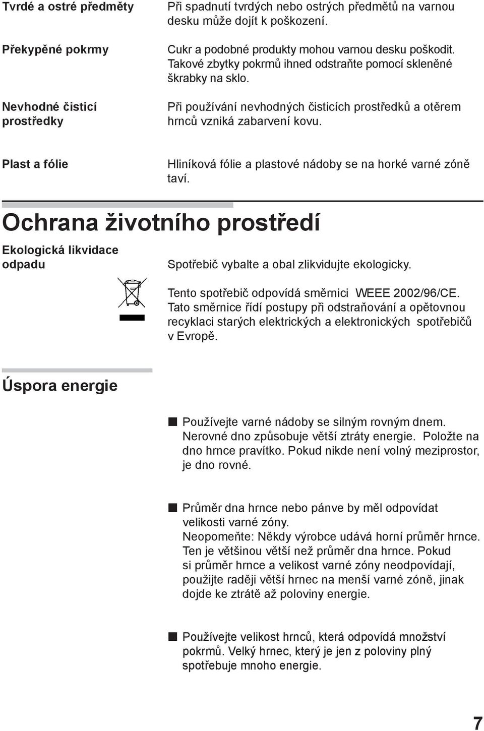 Při používání nevhodných čisticích prostředků a otěrem hrnců vzniká zabarvení kovu. Plast a fólie Hliníková fólie a plastové nádoby se na horké varné zóně taví.