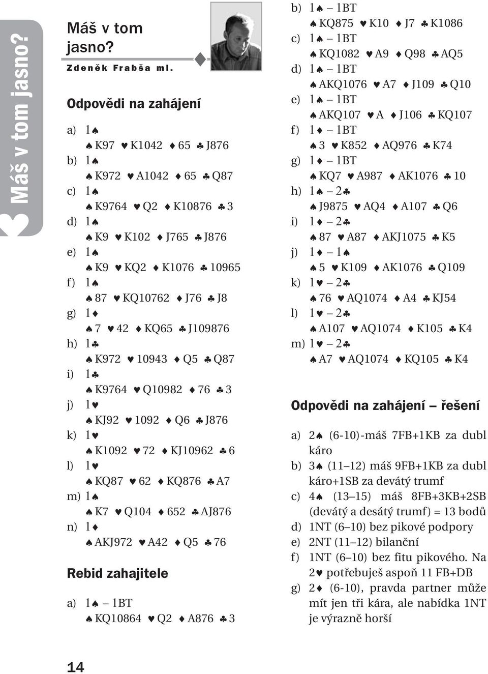 Q5 Q87 i) 1 K9764 Q10982 76 3 j) 1 KJ92 1092 Q6 J876 k) 1 K1092 72 KJ10962 6 l) 1 KQ87 62 KQ876 A7 m) 1 K7 Q104 652 AJ876 n) 1 AKJ972 A42 Q5 76 Rebid zahajitele a) 1 1BT KQ10864 Q2 A876 3 b) 1 1BT
